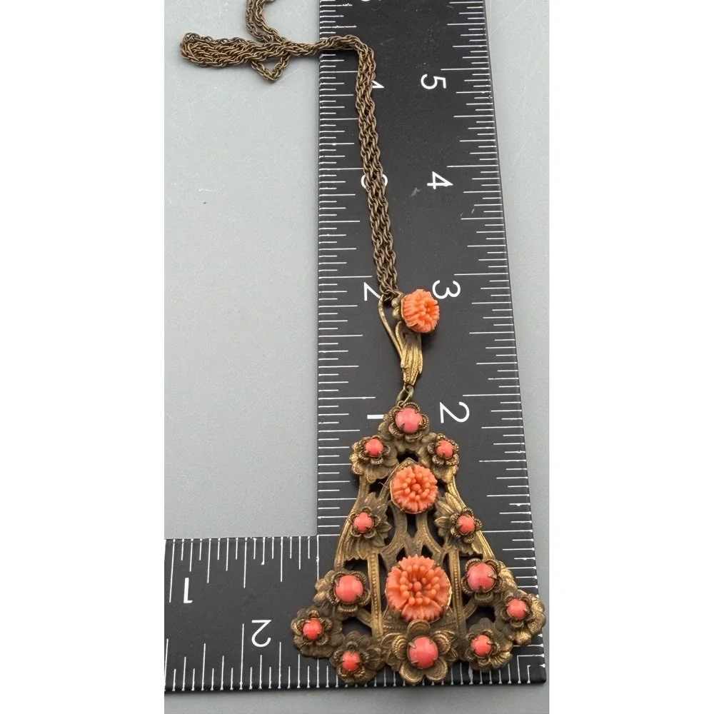 Vintage Czech Style Necklace Brass Filigree Pendant Orange Beads Carved Flowers